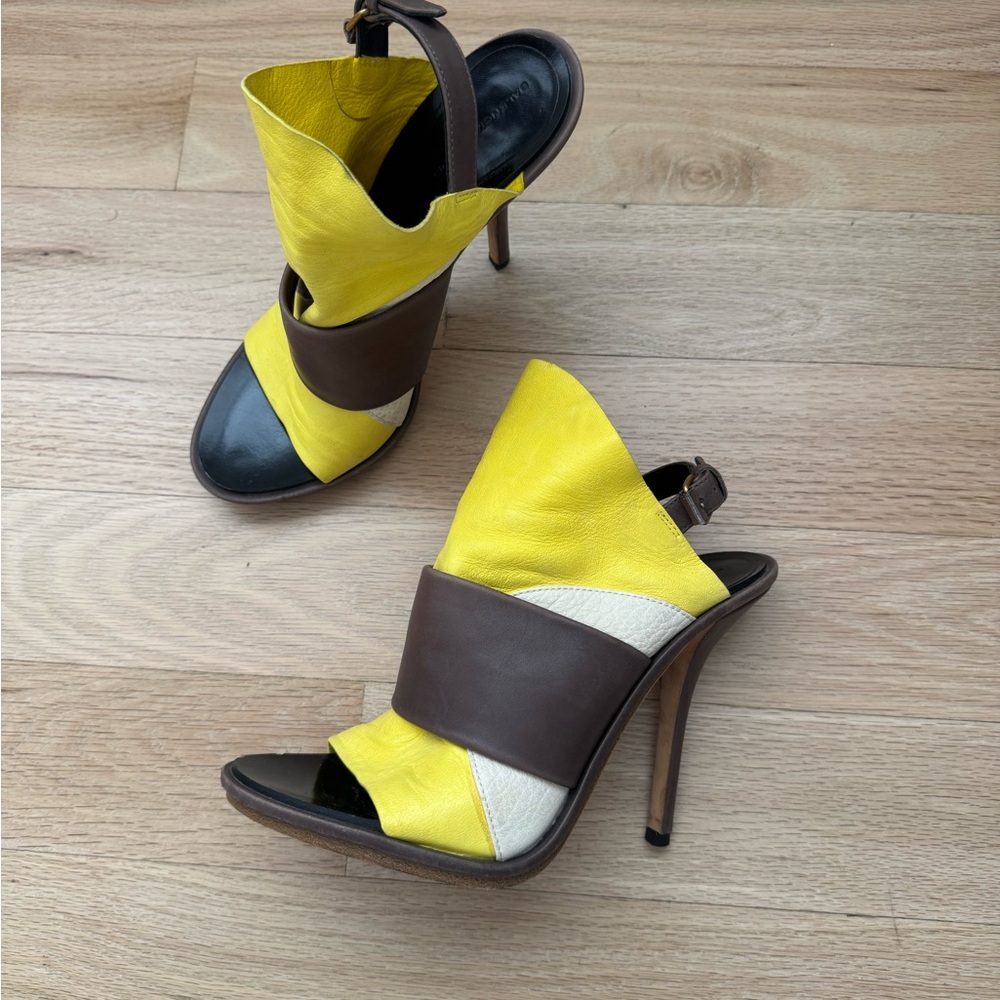 Yellow and Brown Leather High Heel Sandals